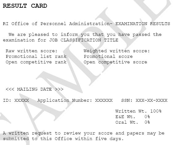 Sample Examination Results Card